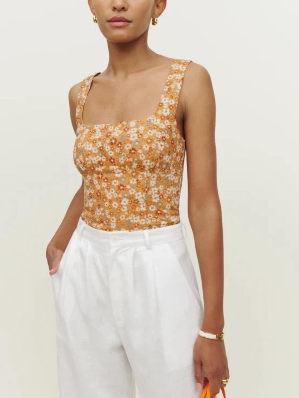 Reformation Size 0 Mustard Yellow Floral 100% Linen Square Neck Ginnie Tank Top